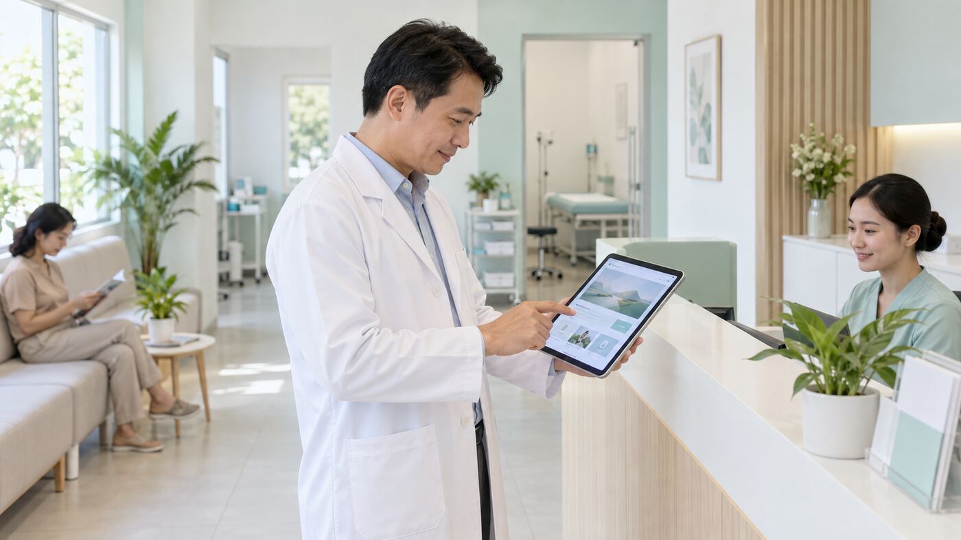 Góc làm việc minh họa chủ đề công ty thiết kế website phòng khám
